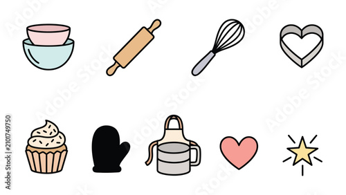 Canvastavla Baking Essentials Collection: A delightful collection of illustrated baking icons including bowls, rolling pin, whisk, cookie cutter, cupcake, oven mitt, apron, heart, and a sparkle