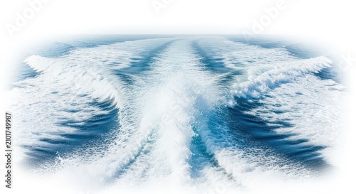 A high-resolution cutout of a boat wake trail featuring white splashing foam and churning blue ocean water isolated on a clean background, water, flow, ripples