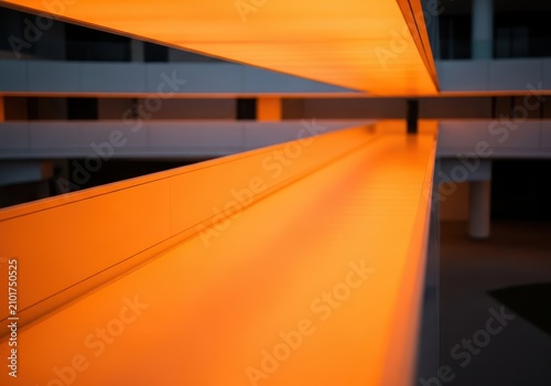 Abstract view of a minimalist, brightly lit orange walkway or elevated pedestrian bridge, emphasizing strong lines and vibrant color, perspective, pedestrian, colorful