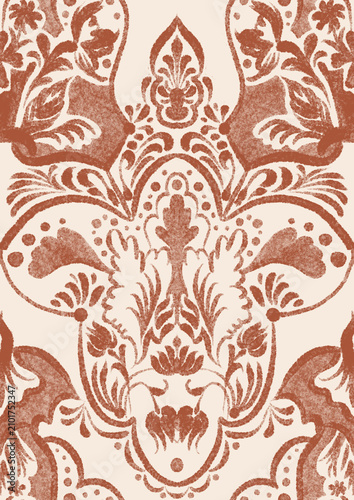 Terracotta Rust Damask Seamless Pattern Ornate Vintage Baroque Medallion Block Print on Cream Background