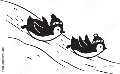 Cute Illustration of Two Penguins Wearing Winter Hats Sliding Down a Snowy Hill in Winter Season