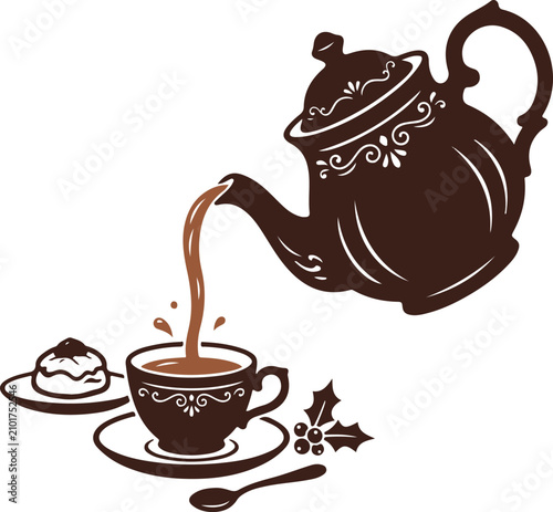 Elegant Tea Time Illustration Featuring a Decorative Teapot Pouring Hot Beverage into a Vintage Cup with Pastry