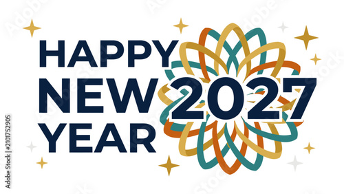 Obraz na plátně Happy New Year 2027 Graphic: A vibrant and festive graphic design proclaiming Happy New Year 2027, adorned with a colorful mandala-like illustration and twinkling star accents