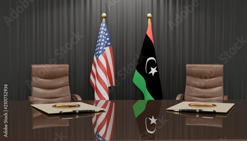 Obraz na plátně Diplomatic Meeting: A formal meeting room setup with American and Libyan flags displayed prominently, symbolizing international relations and negotiation