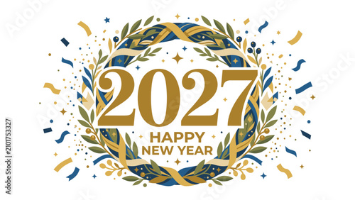 Canvas Print New Year 2027 Celebration Wreath: A festive wreath adorned with laurel leaves and golden ribbons encircles the year 2027 and the greeting Happy New Year
