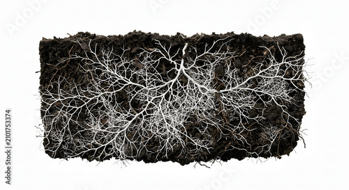 Highly Detailed Scientific 3D Render of Fungal Mycelium Network in Soil Cross-Section Isolated on White Background