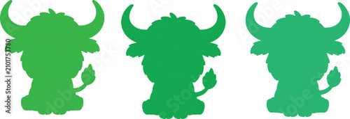 Foto Stylized green silhouette cartoon Highland cow characters with large horns and s
