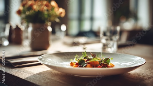 Elegant Gourmet Dish Presented on Wooden Table Surrounded by Fresh Ingredients and Natural Light