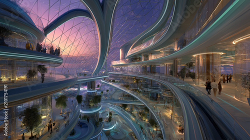 Futuristic Biophilic City Interior with Curved Glass Architecture and People Walking at Sunset Twilight