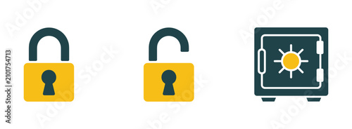 Schilderij op canvas Lock and Safe Iconography: A set of three icons depicting security, featuring a locked padlock, an unlocked padlock, and a robust safe, symbolizing protection and access