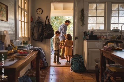 back to school - realistic scene of family household in the morning: parents making breakfast, kids looking for shoes, backpacks and lunch being packed. Natural lighting, candid September