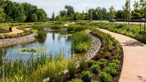 Foto Modern eco friendly park with winding stone path and retention pond ideal for ur