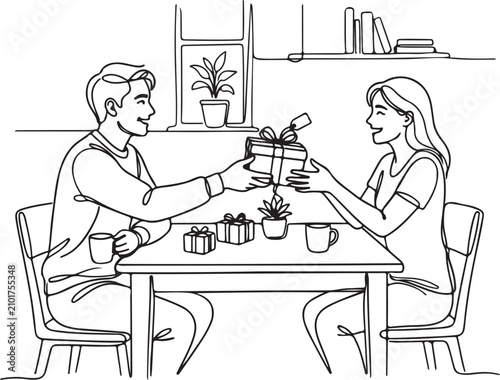 Minimalist line art illustration of a couple exchanging gifts at a table while celebrating a special occasion in a cozy home interior