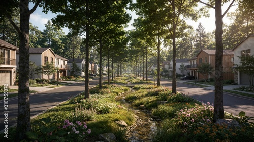 Photos Suburban residential neighborhood street with green bioswale stream ideal for su