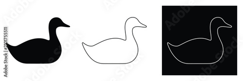 Photos Three minimalist duck silhouettes in black white and outline on colored backgrou