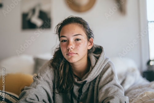 female teenager or young woman lounging on a bed or couch in natural daylight, wearing casual clothes. Confident girl. Calm, authentic vibe. Light, airy interior with minimalist decor. Daily lifestyle