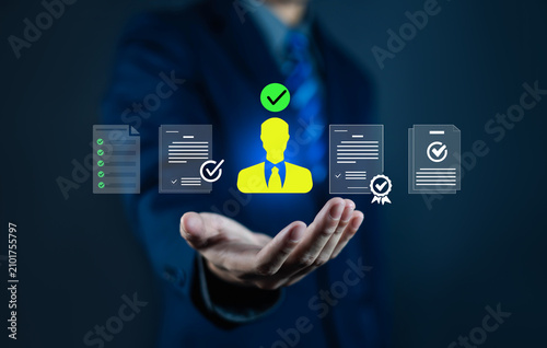 Obraz na plátně Digital recruitment and candidate verification concept with approved applicant profile, qualification documents and hiring validation