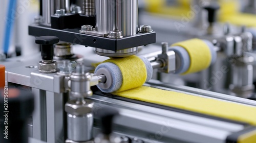 Fototapeta Medium shot of automated machinery wrapping felt tape on harness branches highlighting soft and durable material usage for vibration dampening and noise reduction benefits.