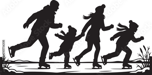 Family Ice Skating Vector Silhouette of Parents and Children Having Fun Outdoors in Winter