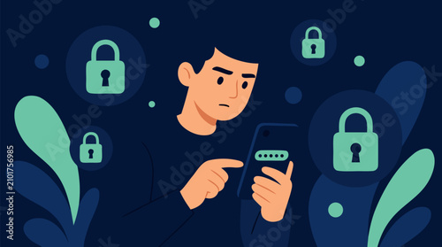 Cautious young man entering a password on his smartphone surrounded by floating padlock icons, dark navy cybersecurity privacy protection concept for secure login and mobile data safety vector