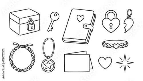 Photos Keepsakes and Memories Collection: A whimsical collection of hand-drawn icons representing cherished items like a treasure chest, lock and key, journal, heart-shaped locket, friendship bracelet