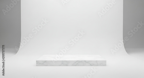 White marble podium for product display. Minimalist stone platform for luxury branding.