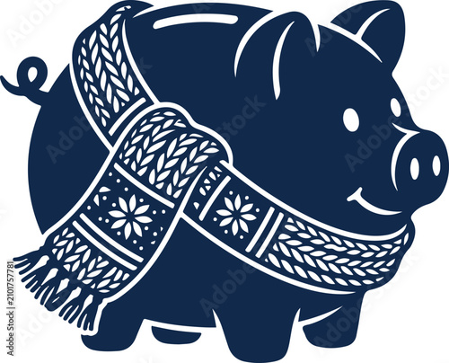 Фотография A charming blue piggy bank, cozily wrapped in a decorative knitted winter scarf,