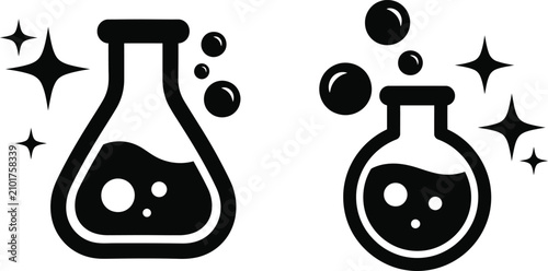 Fotografía Science experiment icons flasks with bubbles silhouette isolated on transparent
