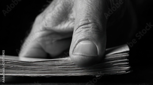 Close up of a hand touching a stack of paper sheets in monochrome