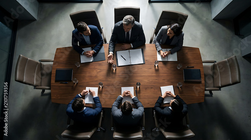 Business Meeting in Conference Room with Six Professionals Collaborating