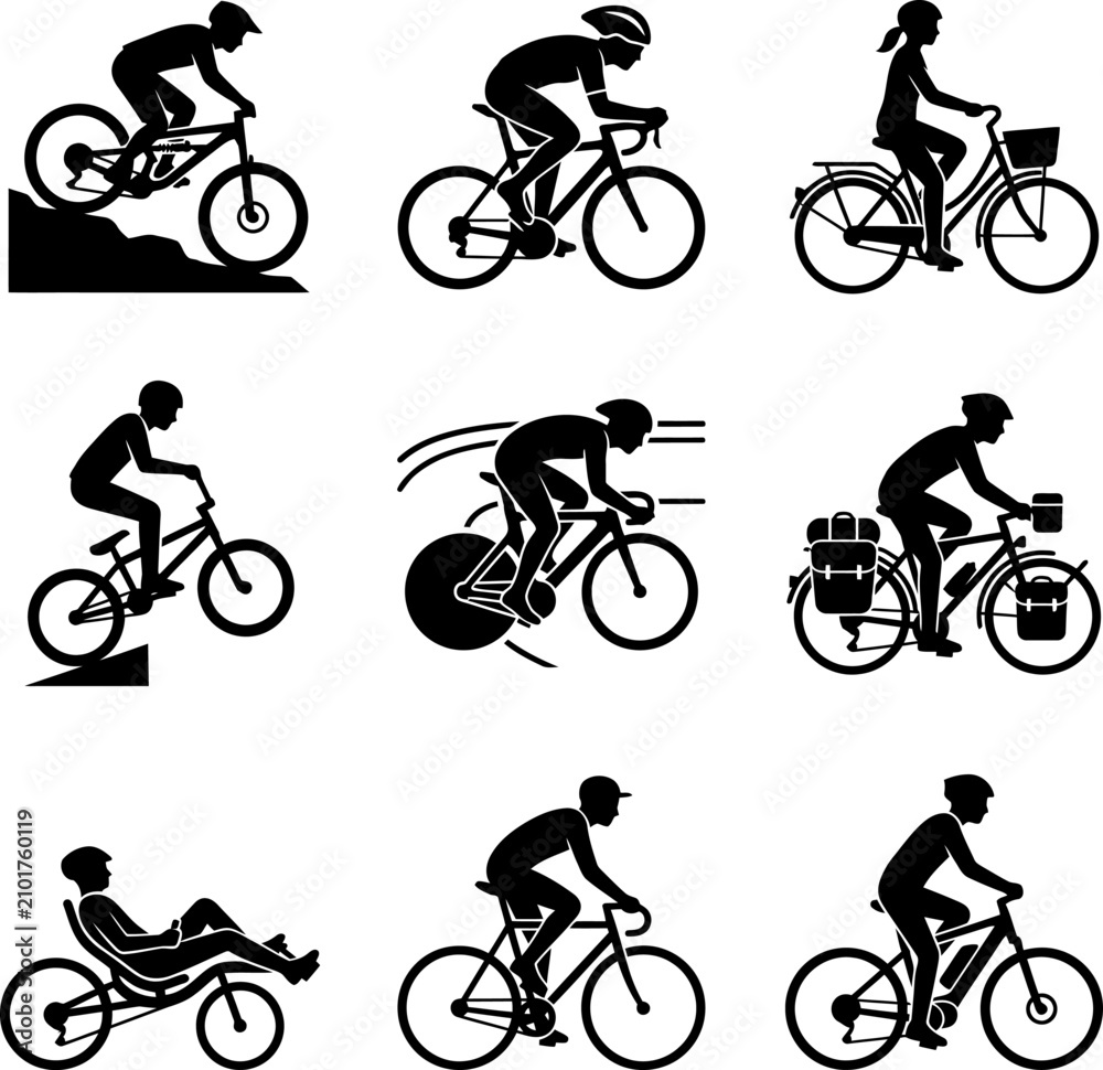 Obraz premium Set of black cycling icons displaying various bike types and riders performing different maneuvers in isolated vector style design elements for professional graphic projects.