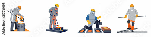 Bild auf Leinwand Set of illustrations showing metallurgical industry workers in protective gear pouring and handling molten metal in a foundry environment