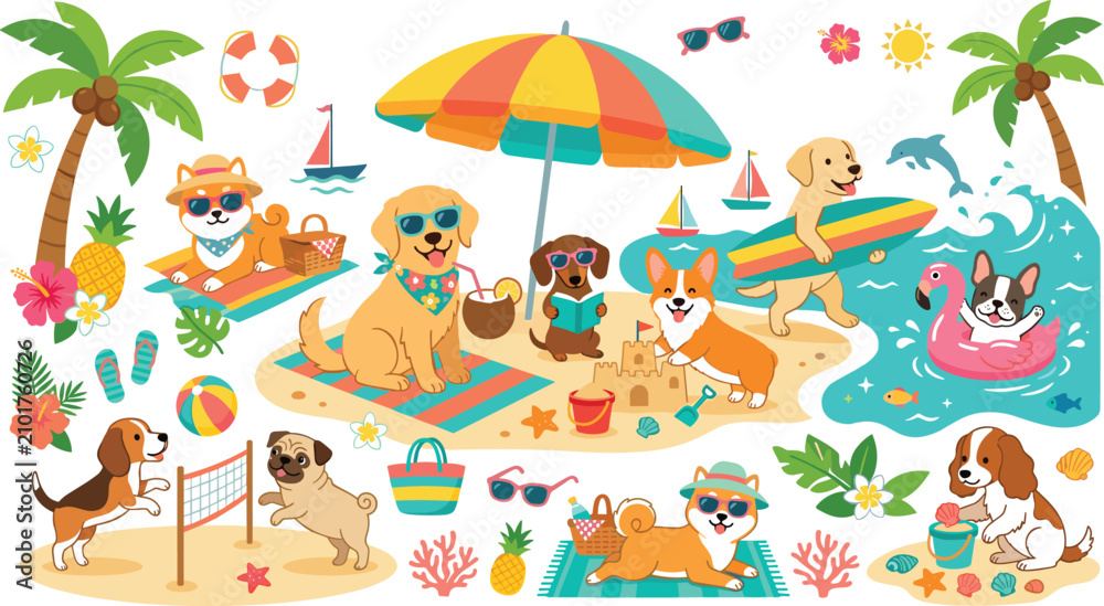 Fototapeta premium Cute Cartoon Dogs Enjoying Summer Beach Vacation with Parasol and Surfboard Illustration for Children Book and Birthday Party Decoration