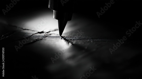 Close up of a writing instrument creating lines on a dark surface