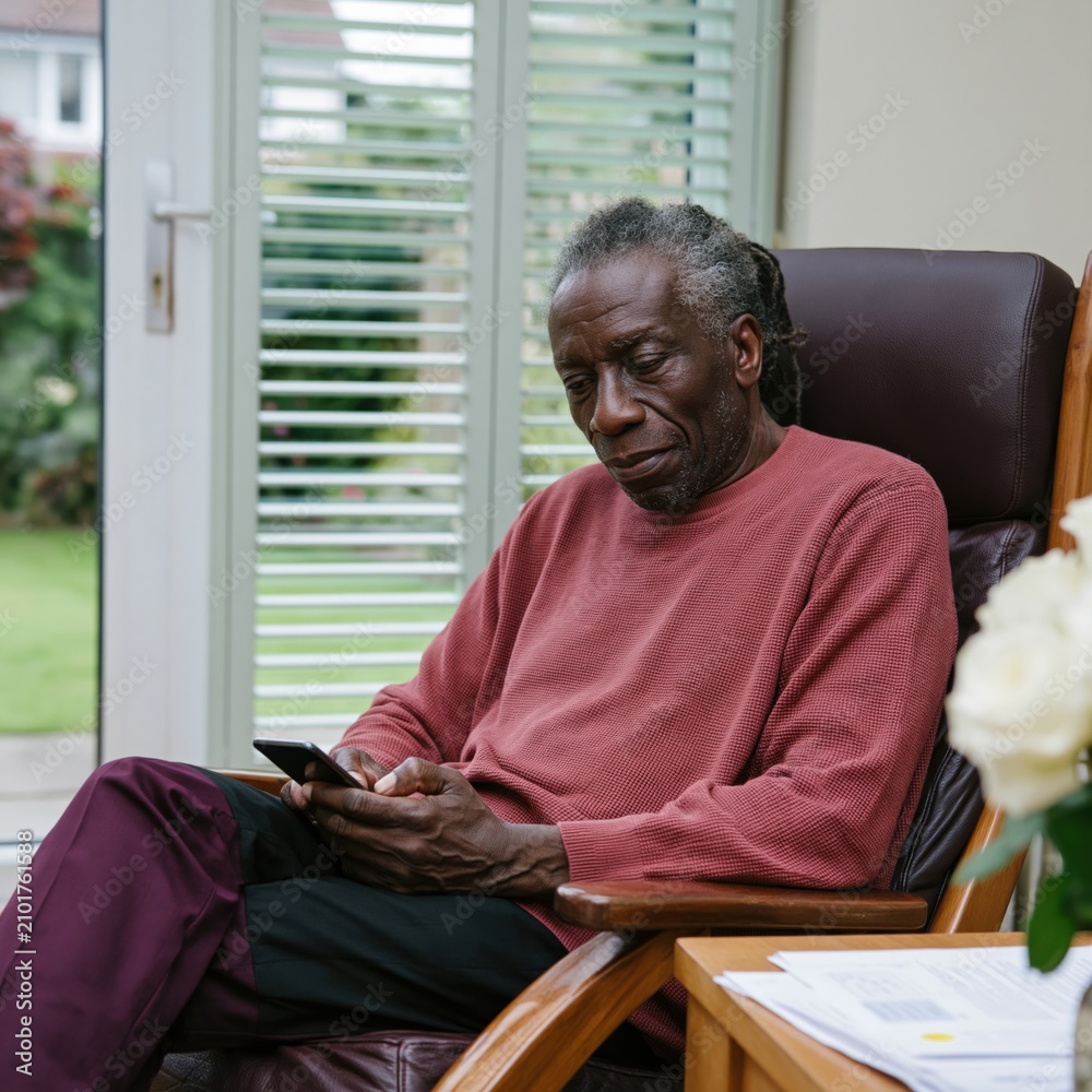 Fototapeta premium Elderly man in armchair using smartphone in bright living room for home lifestyle background and everyday technology scene