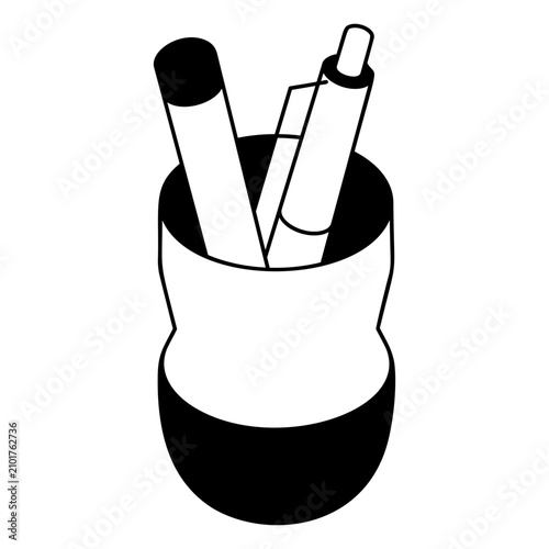 upcycled plastic bottle pen holder isometric concept, sustainable desk organizer vector icon design, creative recycling stationery stock illustration