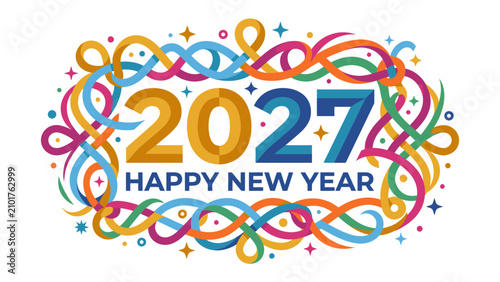 Canvas-taulu Happy New Year 2027 Festive Frame: A vibrant and colorful illustration celebrating the arrival of the New Year 2027, enclosed within an ornate, swirling decorative frame with stars and confetti