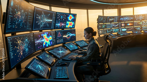 Data analyst monitoring multiple digital screens in control center