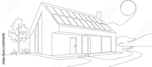 Continuous one line drawing of a modern eco house with solar panels. Sustainable home and renewable energy vector illustration