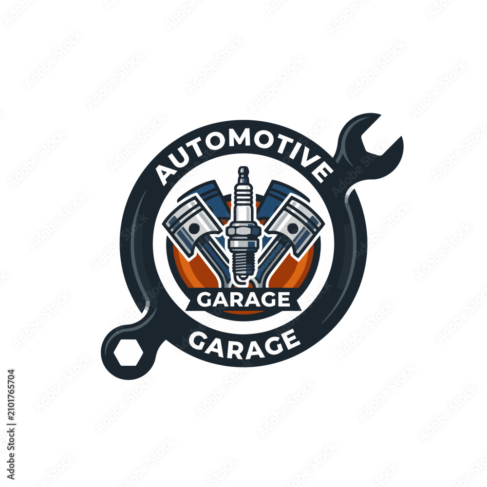 Obraz premium This logo design features a central piston motif and wrench, embodying the spirit of automotive repair and precision craftsmanship in a bold and structured layout.