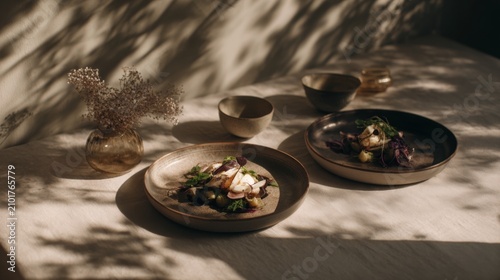 Elegant Table Setting with Fine Dining Plates, Fresh Ingredients, and Soft Natural Light on Rustic Surface