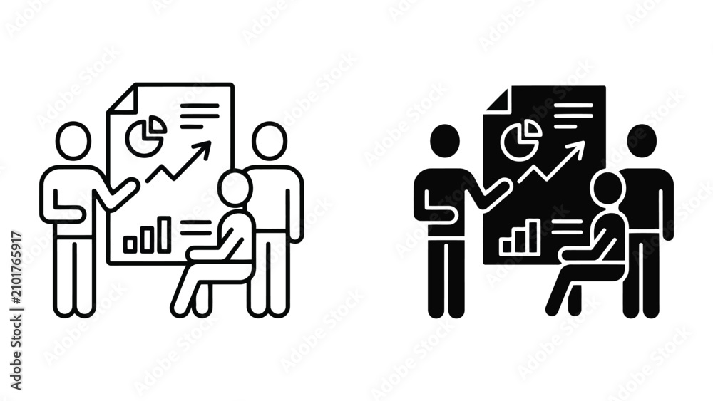 Fototapeta premium Business team reviewing performance charts and analytics data icon set