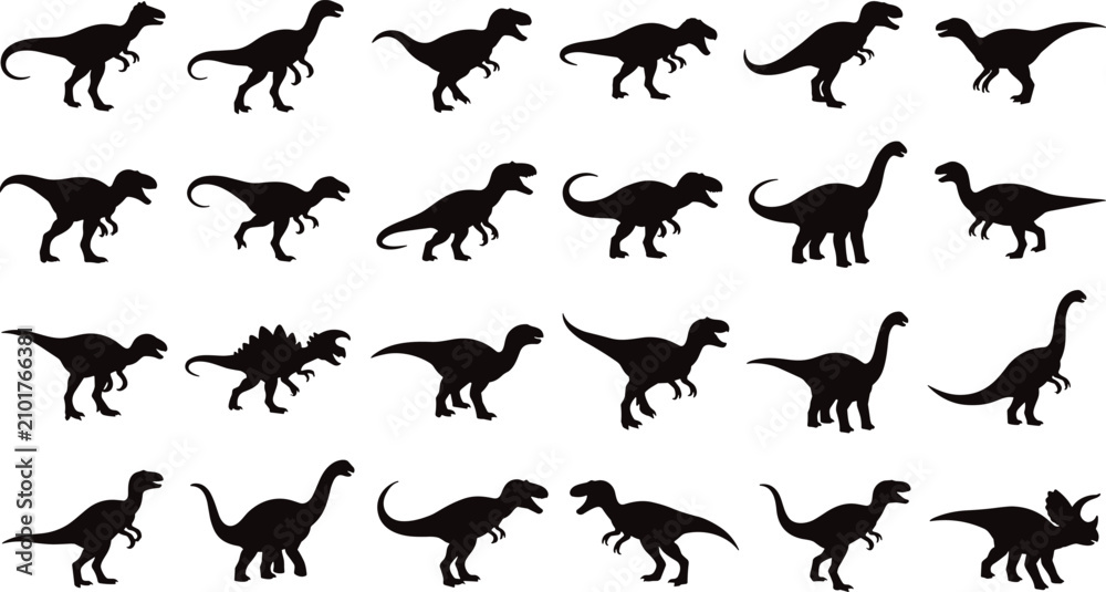 Obraz premium Dinosaur silhouettes showing prehistoric species, extinct animals, fossil icons, paleontology design, evolution history, and natural science