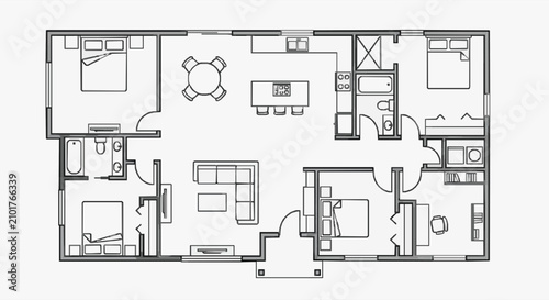 Bild auf Leinwand Corporate Floor Plan Diagram Modern Black and White Layout Featuring 4 Bedrooms
