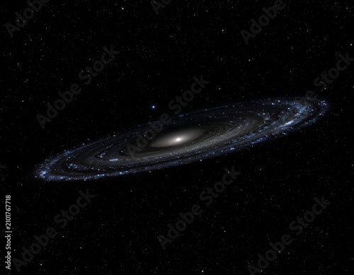 Spiral galaxy with orbiting stars, dust, and a bright center in a black void