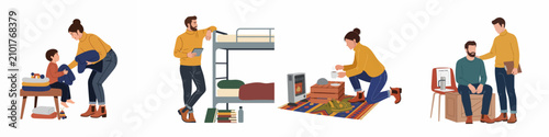 Quadro su tela Vector illustration set showing humanitarian aid, volunteers helping refugees with clothing, bunk beds, food, and intake forms in a temporary shelter