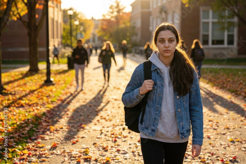 Serious female student walking on autumn university campus walkway symbolizing personal journey and future goals