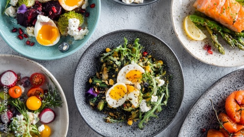 Fresh Colorful Salads and Healthy Dishes in Rustic Bowls on Light Gray Background