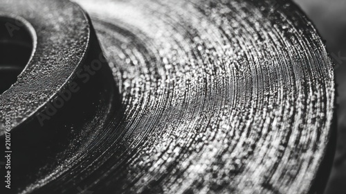 Close up of industrial metal parts with textured surfaces and circular patterns
