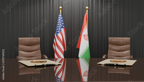 Bild auf Leinwand Diplomatic Meeting Room: Two flags, one of the United States and the other of an unnamed nation, stand side-by-side in a formal meeting room, positioned behind a polished table with empty chairs
